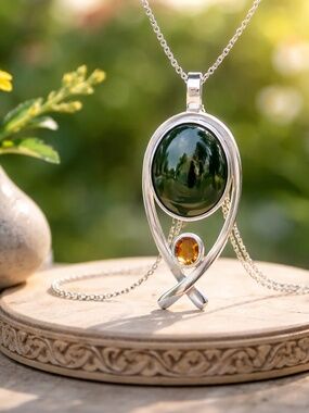Handmade Natural BC Jade, Citrine Pendant Solid Sterling Silver ( no chain )
